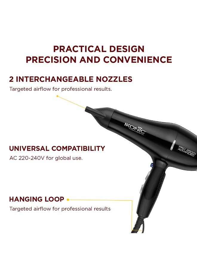 أي كونيك مجفف شعر احترافي متطور Ikonic Professional 2500+، باللون الأسود، قدرة مزدوجة 2400–2800 واط، محرك AC بسرعة 23,000 دورة في الدقيقة، تقنية الأيونات للتحكم في التجعد، 3 إعدادات للحرارة و2 إعدادات للسرعة، زر هواء بارد (Cool Shot)، فوهتان للتصفيف، حماية من ارتفاع درجة الحرارة، مناسب لجميع أنواع الشعر. - Image 5